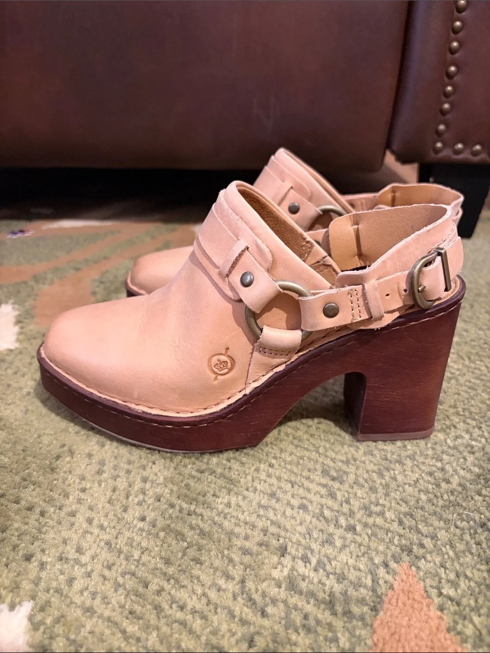 Born Nude/Tan Leather Platform Clog Heels with Buckle Detail